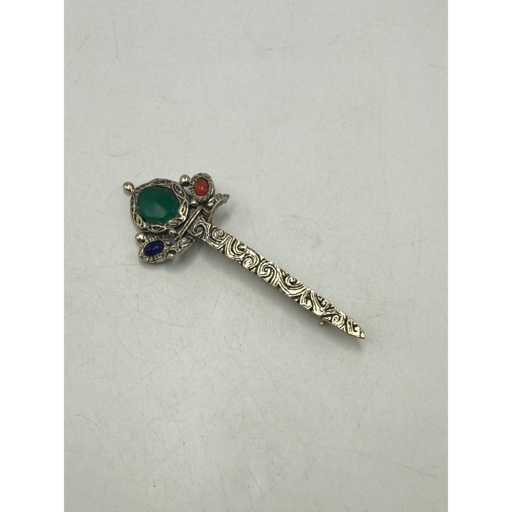 Vintage Celtic Sword Kilt Pin Brooch Silver Tone Green Red Blue Cabochons 3.25"